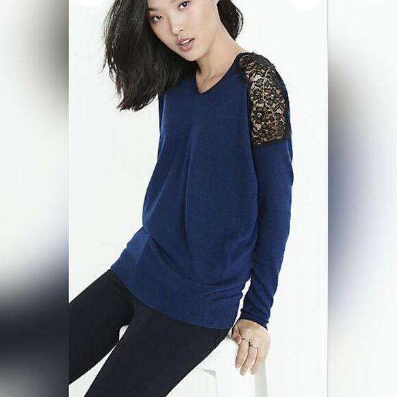 Express Women Pullover V Neck Lace Inset Wool Blend Sweater Navy Blue Size XS - Picture 1 of 11